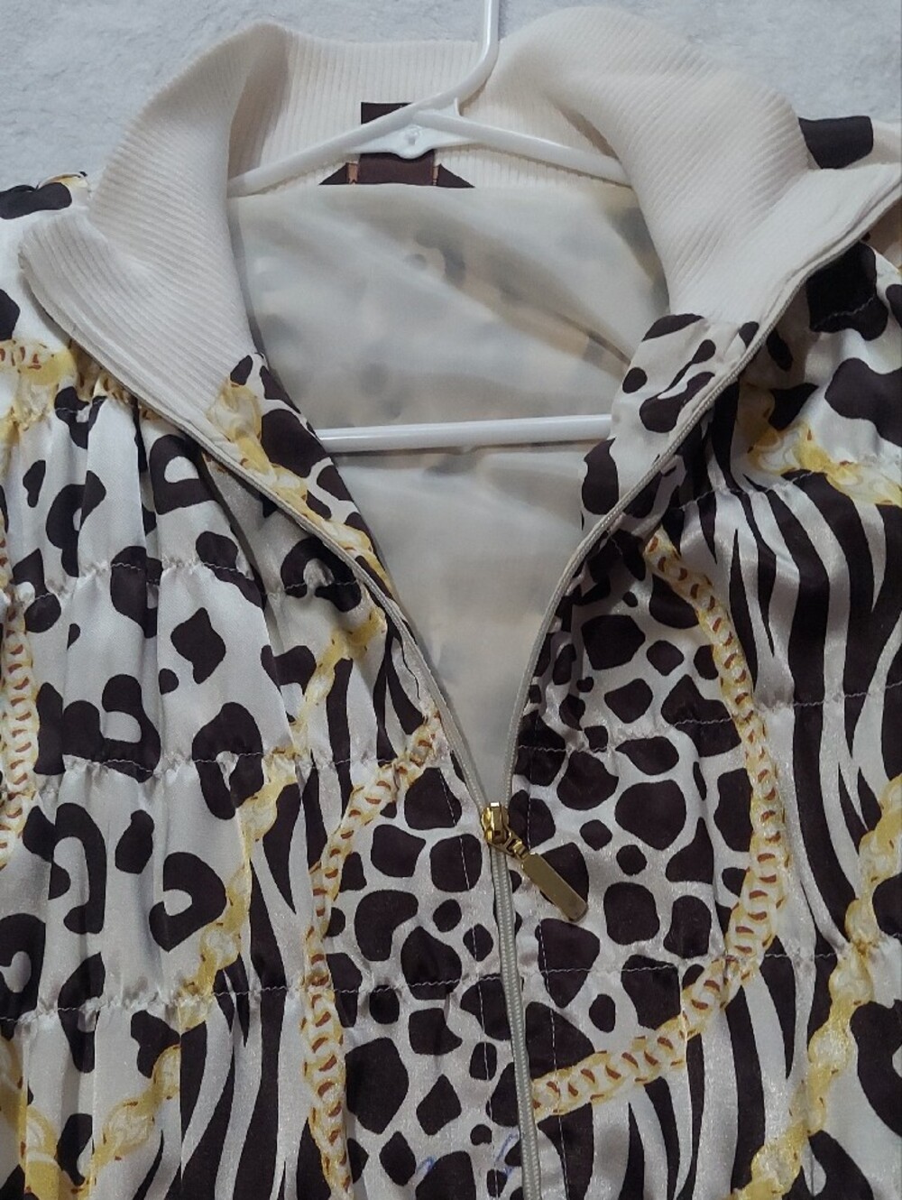 6 for $10 M&M Multiples Cream Zip-Front Animal Print Jacket with Gold Accents - Picture 7 of 14